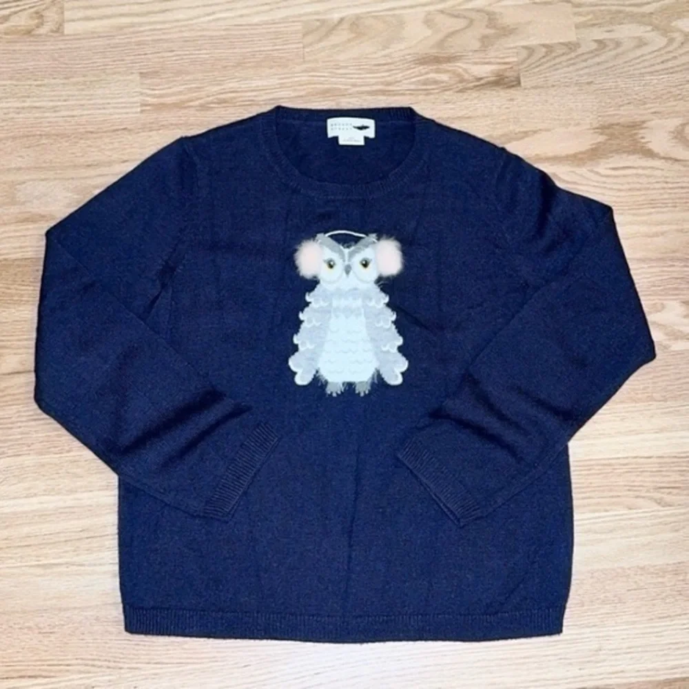 Kate Spade Broome Street Navy Blue Wool Blend Owl Crewneck Sweater Large‎